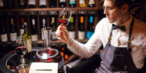 Un camarero sirve una copa de vino tinto en un elegante restaurante, mientras los comensales disfrutan de una atmósfera acogedora y animada. En la mesa, una selección exquisita de platos acompaña la experiencia, resaltando la importancia de la formación en hostelería para crear momentos memorables.